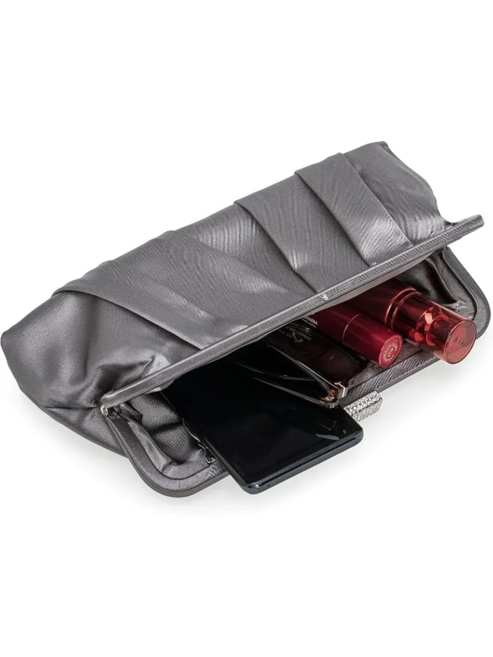 👜 Women's Pewter Classic Pleated Satin Clutch Bag Diamante Embellished Clutch